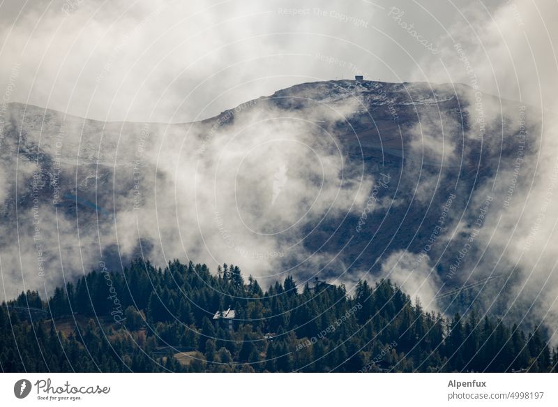 cheerful to cloudy Mountain Clouds Forest Fog Green Sky Landscape hilly mountainous Hill Alps Deserted Nature Peak Exterior shot Alpine hut trees Hiking Eerie