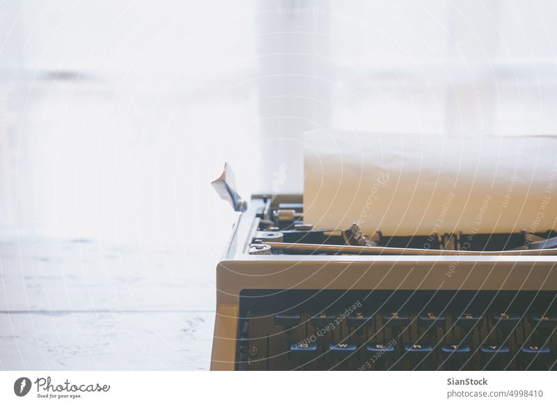 Vintage typewriter on  wooden table aged antique author background equipment girl hands isolated journalism journalist letter machine message metal nostalgia