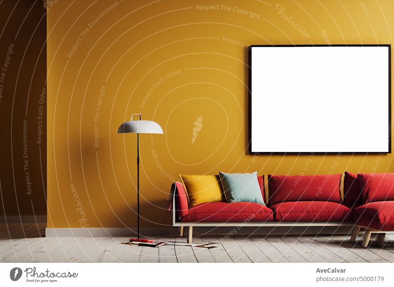 Blank picture frames mockups on white wall. White living room design. View of modern boho style interior with sofa.Interior and frame mockup.View of modern scandinavian style interior with chair.