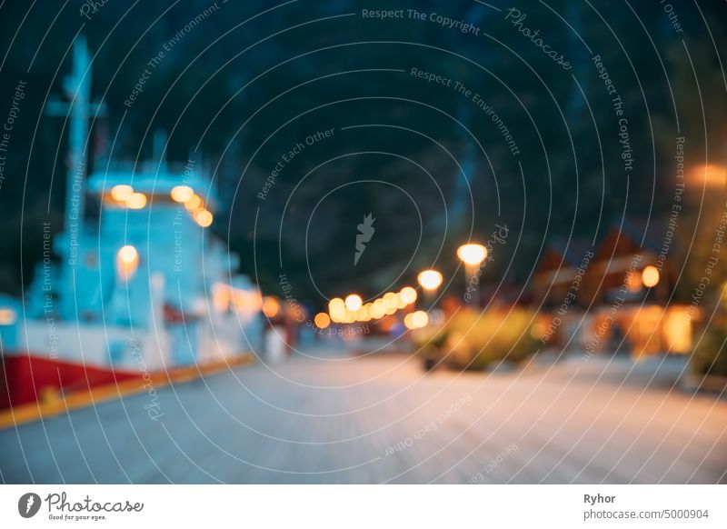 Flam, Norway. Touristic Ship Boat Moored Near Berth In Sognefjord Port. Summer Evening. Abstract Boke Bokeh Background. Design Backdrop abstract aurlandsfjord