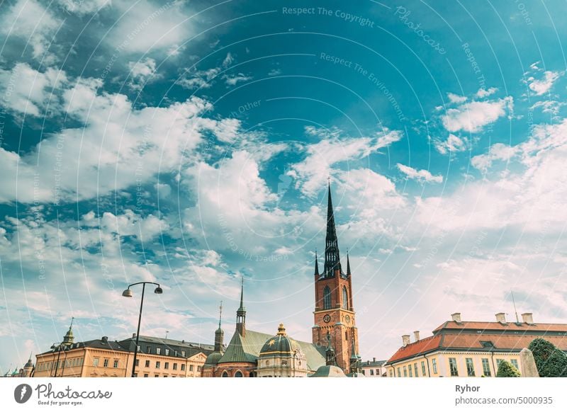 Stockholm, Sweden. View Of Old Town With Tower Of  Riddarholm Church. Oldest Church In Gamla Stan, The Old Town Riddarholm Kyrka architecture beautiful building