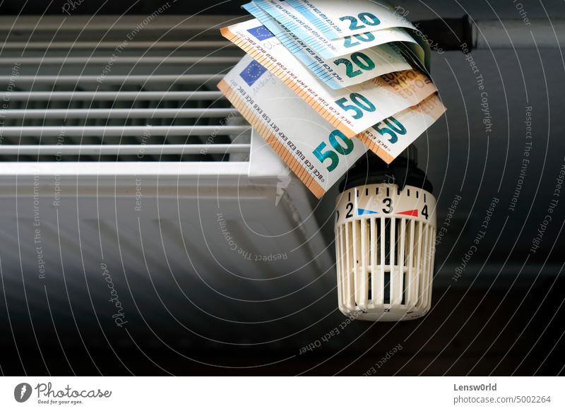 Controlling the heating costs - radiator control and Euro bills on the central heating cash concept controller cost savings currency energy consumption