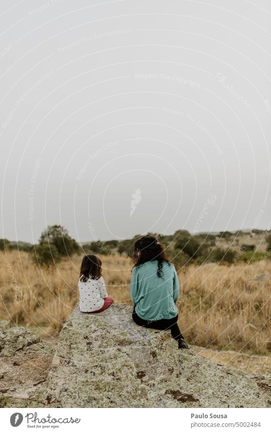 Rear view Mother with Daughter on The fields Mother's Day motherhood Mother with child Family & Relations Together togetherness Love two people Happiness