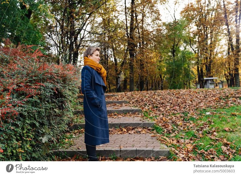 Side portrait of a short-haired blonde in a coat and scarf in autumn woman fall chilly Autumnal park city park female adult Blond Attractive Lifestyles