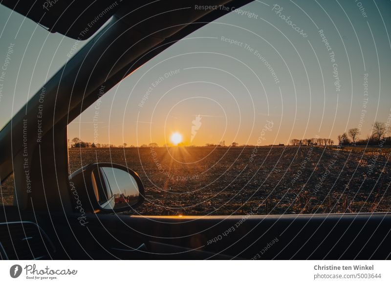 Standing with the car at the edge of the field and watching the sunset through the open side window Sunset Sunlight Sunbeam Row of trees Field acre pretty