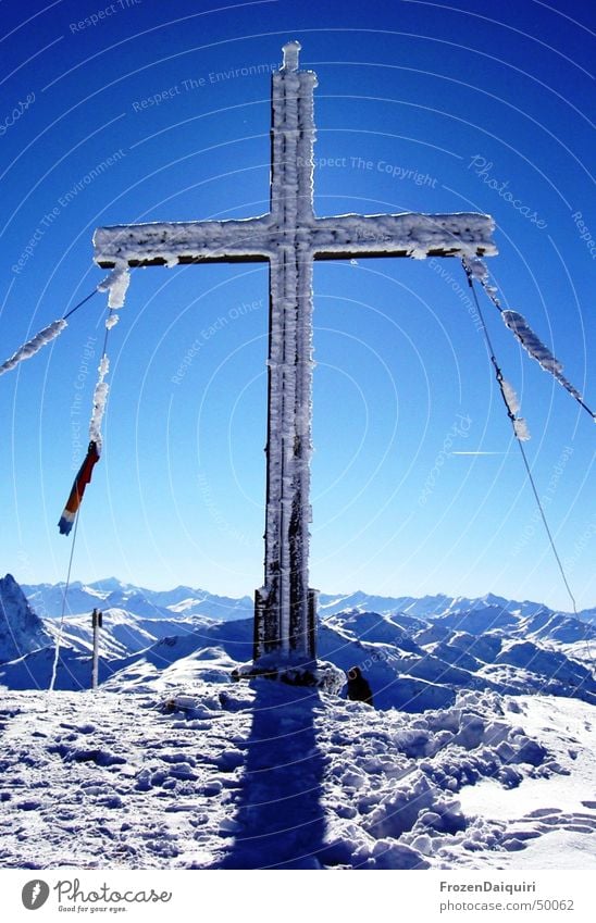 Gampenkogel summit cross Westendorf Peak cross Federal State of Tyrol Snow Frozen Freeze Winter Back-light Sky Virgin snow Kitzbühel Alps Brixental gampenkogel