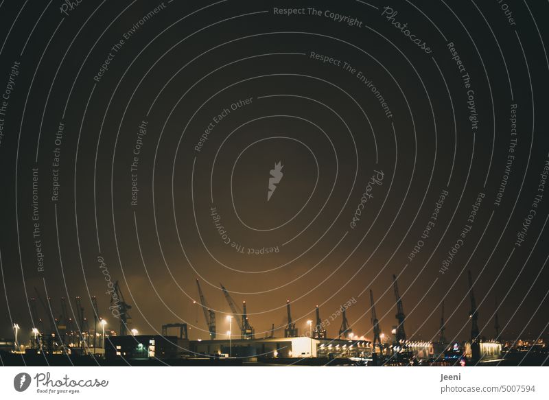 [HH Unnamed Road] Hamburg Port Harbour Crane Elbe Water Dark Night Dockside crane River Port City Town Logistics Industry Transport Economy Trade Copy Space top