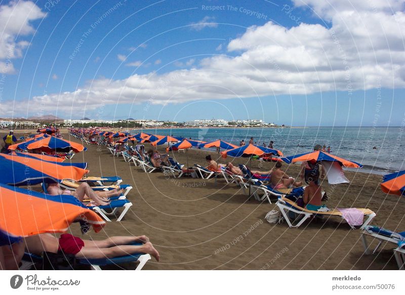 beach life Beach Ocean Lanzarote Vacation & Travel Beach life Sunshade Deckchair Spain Canaries Volcanic island Longing Exterior shot Snapshot Lie Sand Water