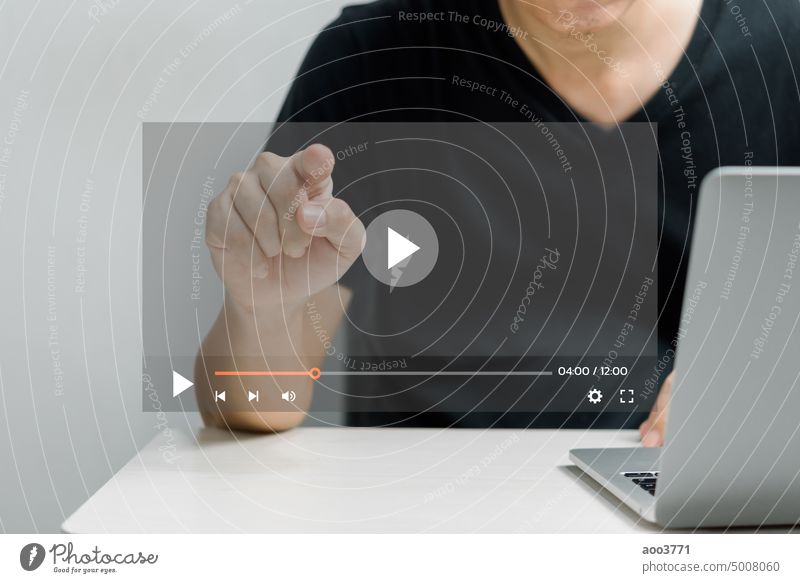 Man touching virtual screen streaming video internet technology online digital using computer. man podcast cyberspace entertainment live multimedia play website