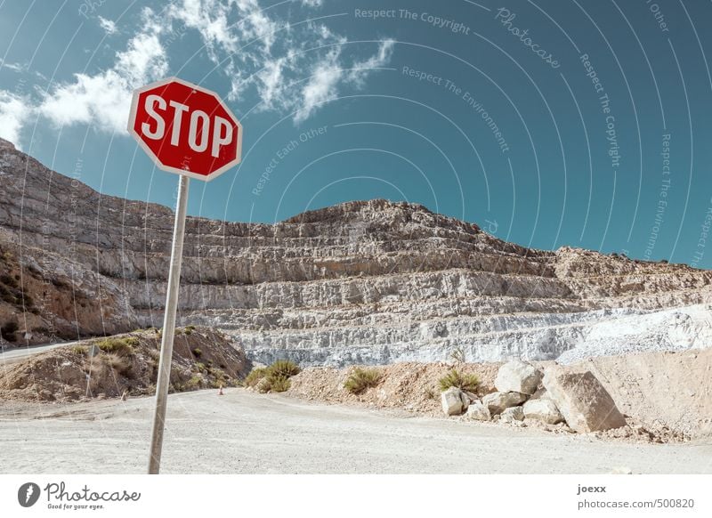 STOP Landscape Sky Clouds Summer Beautiful weather Rock Mountain Street Stone Sign Signs and labeling Signage Warning sign Road sign Blue Brown Red White