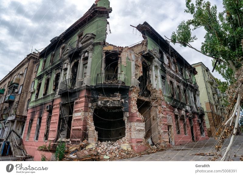 destroyed and burned houses in the city during the war in Ukraine Donetsk Kherson Lugansk Mariupol Russia abandon abandoned attack blown up bombardment broken