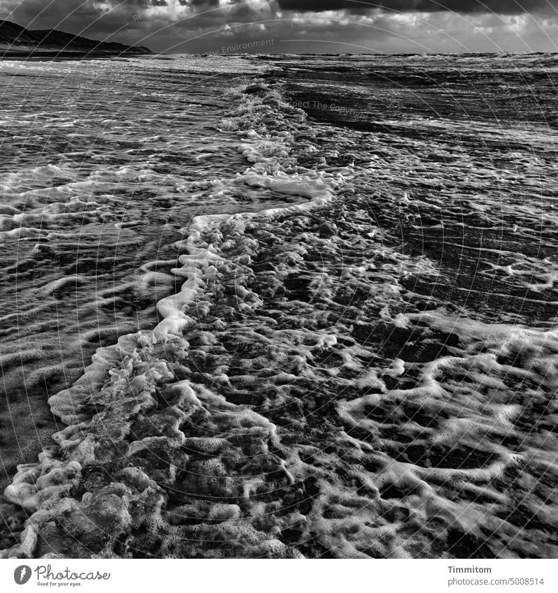 Water on the North Sea beach - quite lively Ocean Waves White crest Force Tide opposite shape Beach coast Nature Sand dunes Sky Clouds Horizon Denmark