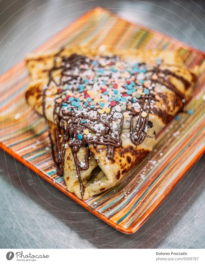 Nuetella crepe, strawberries and banana background baked bakery breakfast brown brownies cake chocolate closeup cocoa colorful cooked cookies cooking cream