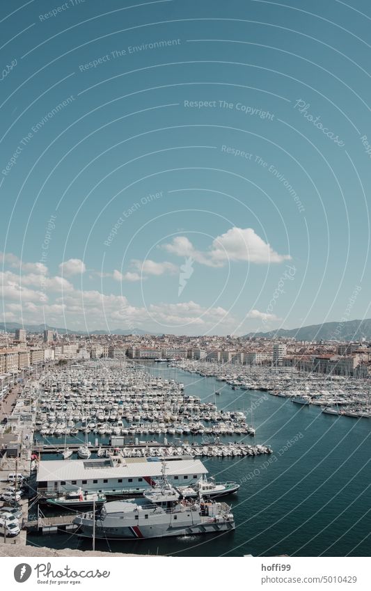 Mediterranean harbor view with sailboats, blue water, blue sky and white clouds Harbour Port City Blue sky little cloud Summer Summer vacation Sailboat Bay