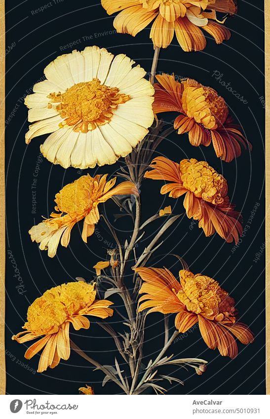 Floral realistic painting of a bunch of marigold flowers on dark background, moody botanical concept watercolor illustration isolated white celebrate daisy