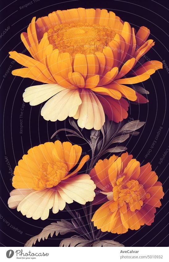 Floral realistic painting of a bunch of marigold flowers on dark background, moody botanical concept watercolor illustration isolated white celebrate daisy