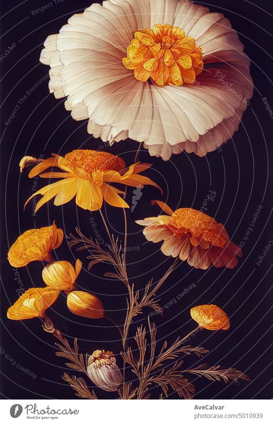 Floral realistic painting of a bunch of marigold flowers on dark background, moody botanical concept watercolor illustration isolated white celebrate daisy