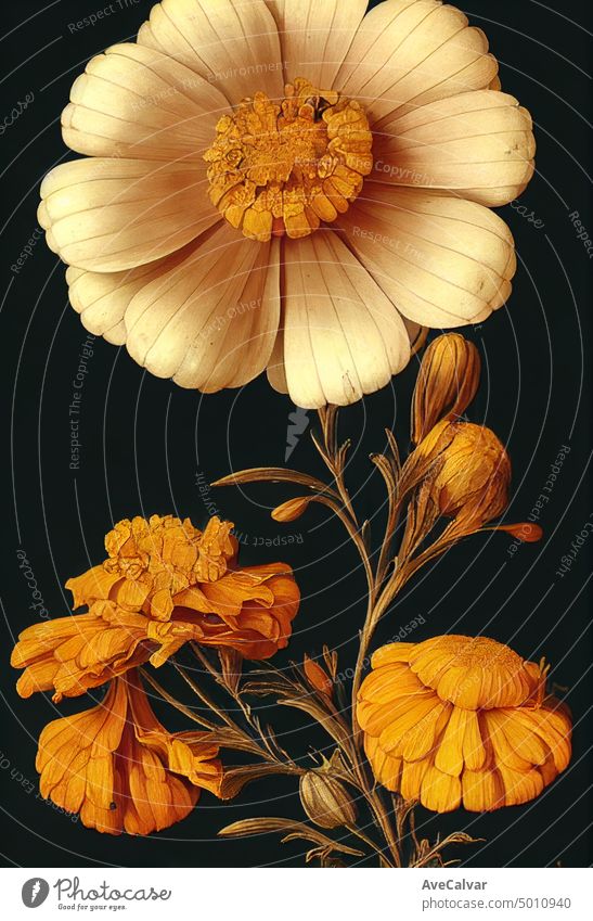 Floral realistic painting of a bunch of marigold flowers on dark background, moody botanical concept watercolor illustration isolated white celebrate daisy