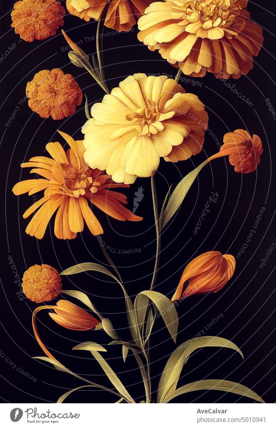 Floral realistic painting of a bunch of marigold flowers on dark background, moody botanical concept watercolor illustration isolated white celebrate daisy