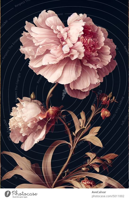 Floral realistic painting of a bunch of peony flowers on dark background, moody botanical concept. watercolor illustration art vintage romantic wedding drawing