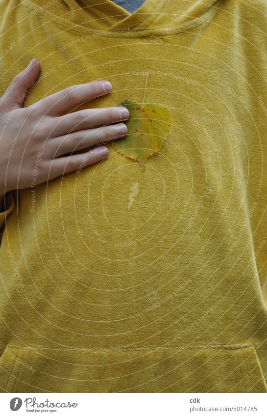 Hand on heart | we are doing well. | Feel & express gratitude. Children`s hand autumn leaf Yellow Green Autumn golden october Velvet sweater pretty Autumnal