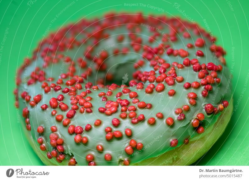 A donut with green icing and red sugar balls doughnut biscuits cute sweet dish Icing Charm beads Red Green Dyestuffs colored Dish Eating Deserted Food