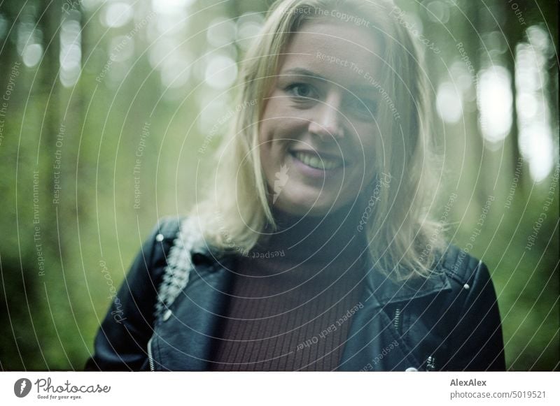 Portrait of young blonde woman with dimples on cheeks - analog 35mm photo Young woman Woman Blonde Feminine pretty fortunate Youth (Young adults) portrait