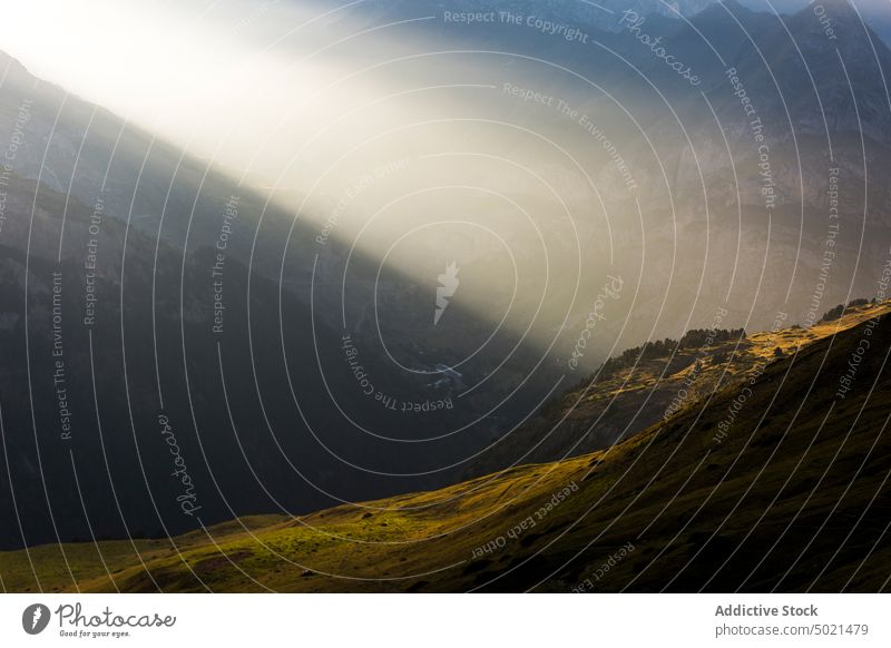 Landscape of mountains on sunny day forest sunlight landscape scenery breathtaking ridge highland range nature pyrenees majestic rock environment scenic