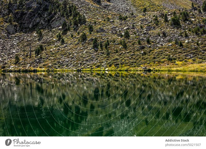 Lake and green hills in summer mountain lake reflection slope landscape natur