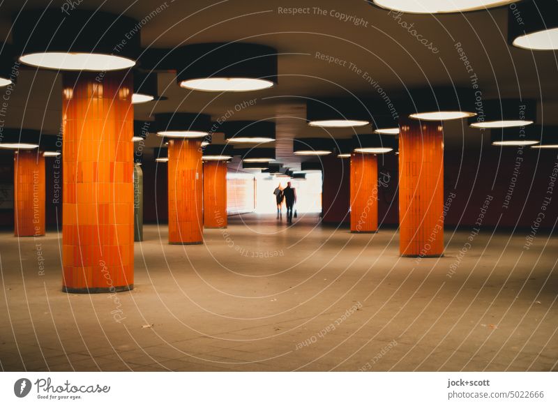 cross the underground to daylight Orange Underpass Subsoil Architecture Tunnel vision Symmetry Lanes & trails Passage Silhouette Pedestrian Underground