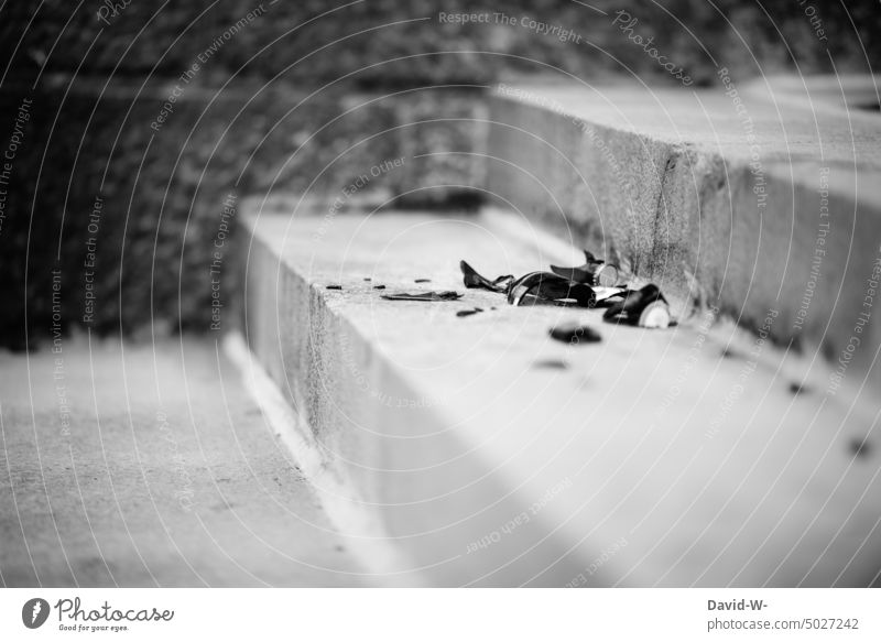 broken bottle / broken pieces on stairs shards shattered Broken Bottle Environmental pollution Glass Ground Trash