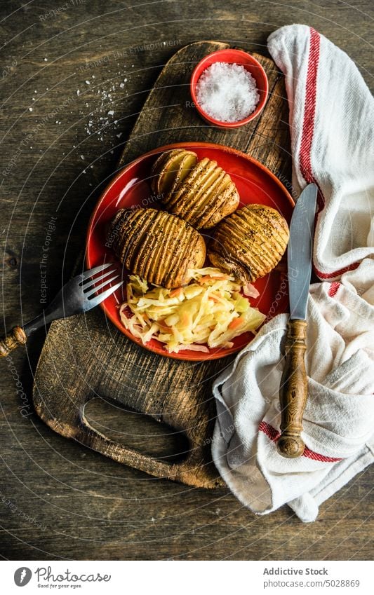 Baked potato with herbs and spices background bacon baked cabbage concrete cooked cooking cooking pan diet dinner eat european fermentation fermented food