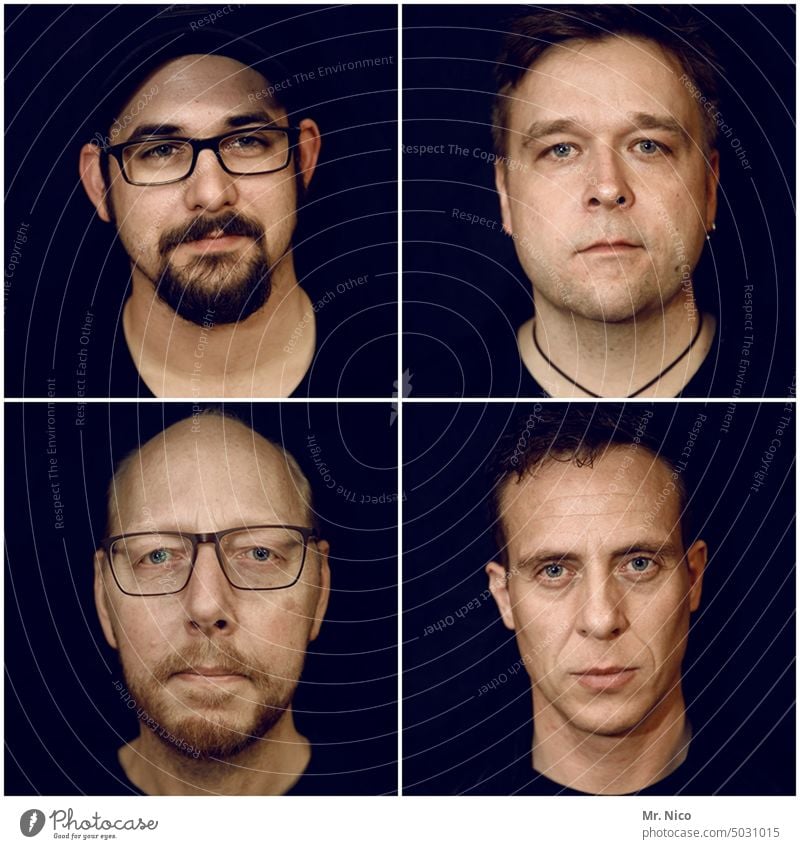 Character heads men Facial expression Cool (slang) Face Facial hair Eyeglasses four Friendship Authentic group Head Multiple disparate masculine portrait