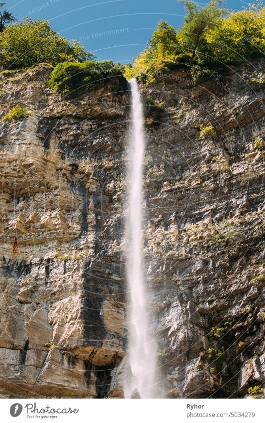 Kinchkha Waterfall, Kinchkhaferdi Road, Kinchkhaperdi. Okatse - Kinchkha Waterfall Natural Monument Near Kutaisi In Imereti Region In Georgia. Famous Natural Landmark In Sunny Summer Day