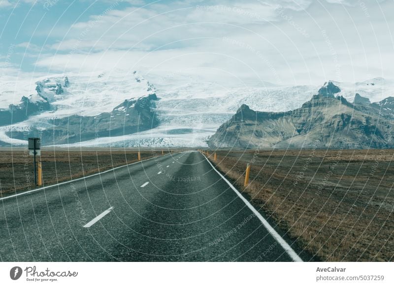 Road image of a route to the glaciers in iceland, follow the path to new lands, visit iceland. no people tranquility photography travel destination