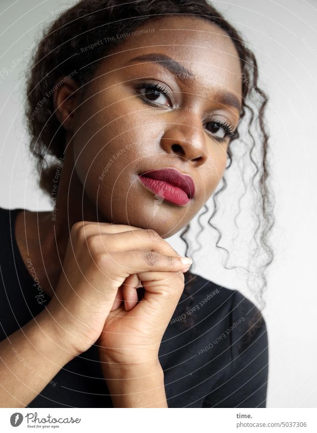 Woman leaning on her hands Feminine Adults T-shirt Hair and hairstyles Brunette Long-haired Curl Braids Observe Think Looking pretty Secrecy Willpower