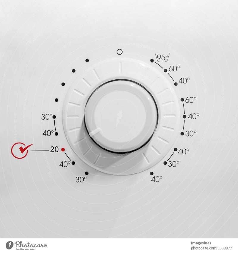 Control panel, display of the washing machine with display of 20 degrees Celsius. Savings concept through cold wash Washer Display Degree Save Cold wash