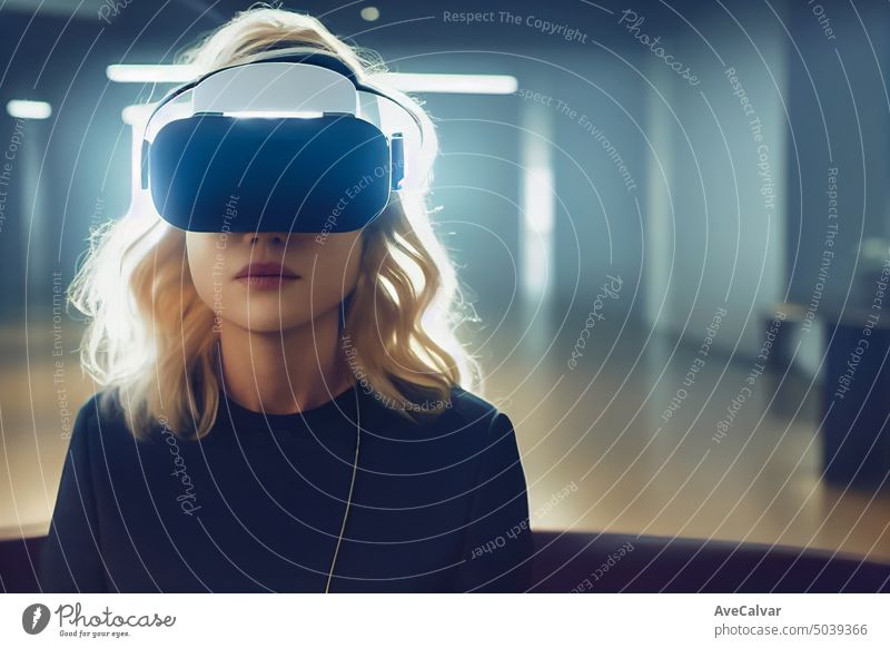 A blonde woman. wearing VR headset to explore the future metaverse. Connection concept, copy space person technology horizontal indoor virtual looking young