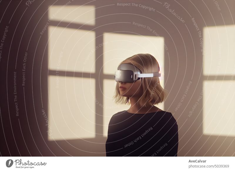 A blonde woman. wearing VR headset to explore the future metaverse. Connection concept, copy space person technology horizontal indoor virtual looking young