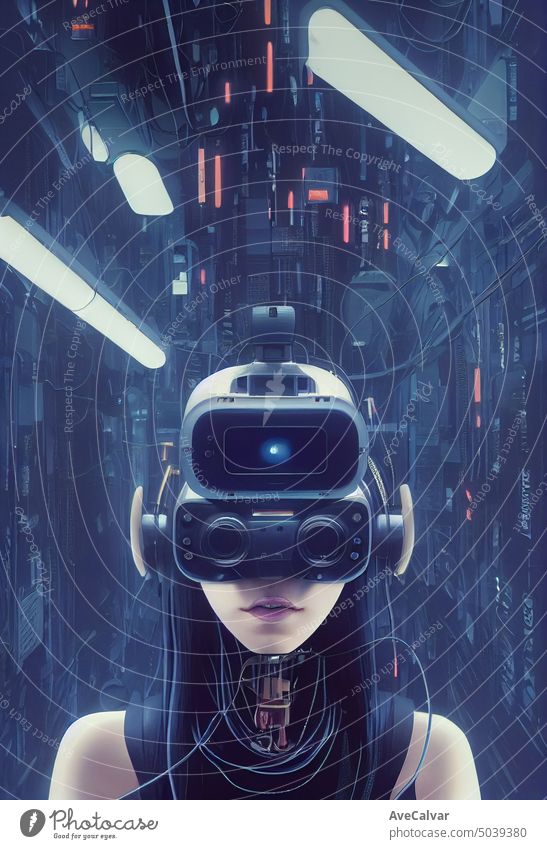 Cyborg girl with virtual reality headset, lot of cables,tubes,screws,slots, probes, AI Generated Art person cyber cyborg future futuristic gamer art portrait