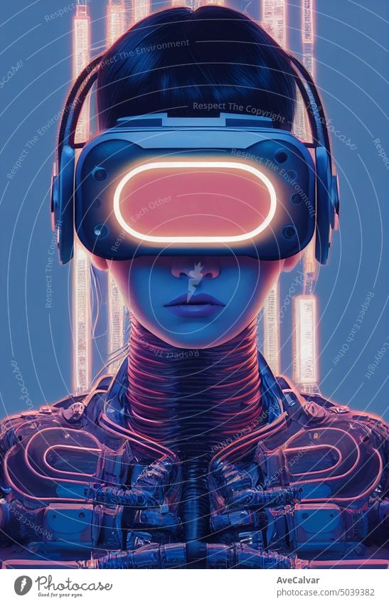 Cyborg girl with virtual reality headset, lot of cables,tubes,screws,slots, probes, AI Generated Art person cyber cyborg future futuristic gamer art portrait