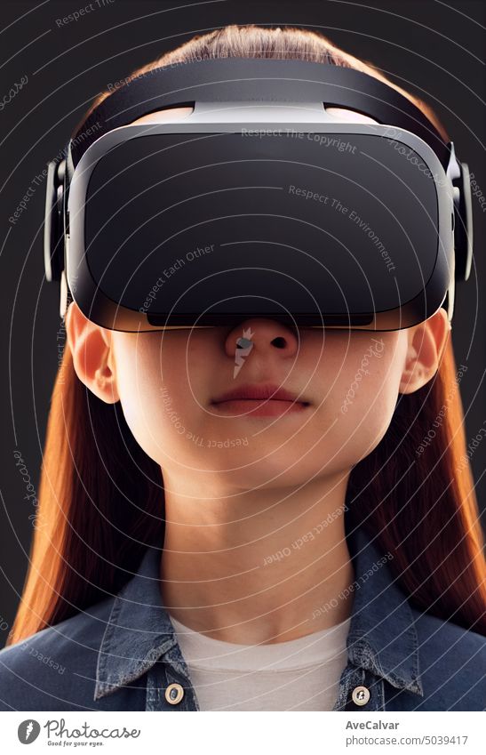 Young woman wearing VR headset, studio portrait, cinematic light. modern life, technology entertainment goggles horizontal indoor innovation one person reality