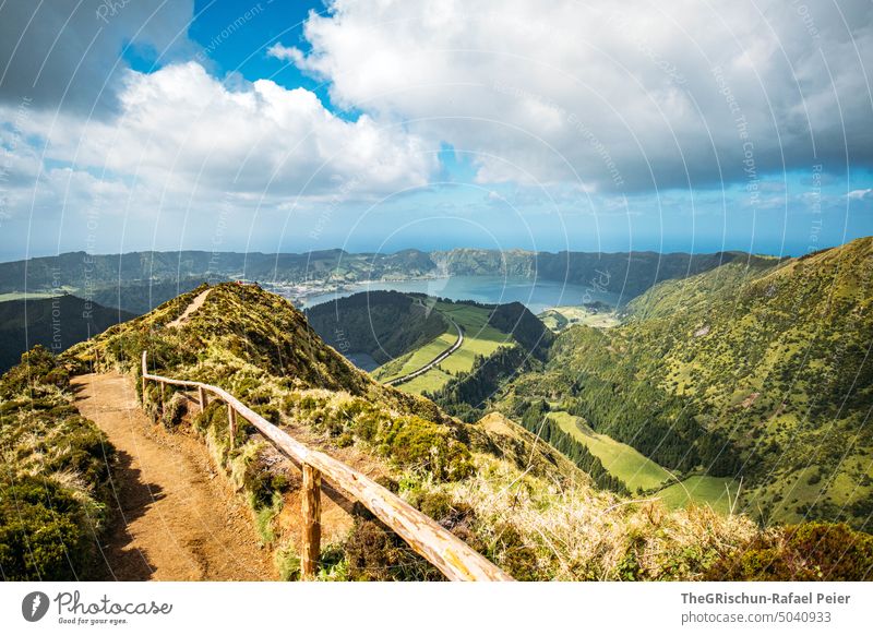 Viewpoint with view of crater lake Vantage point rail Lanes & trails Volcano Forest Lake Azores Nature Landscape Exterior shot Deserted Green Summer Blue Water