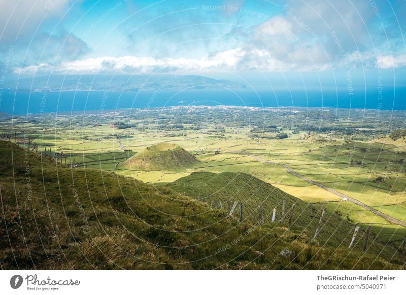 Volcano crater with sea in background Ocean Island Azores Vantage point Panorama (View) Exterior shot Colour photo Nature Landscape Vacation & Travel Adventure