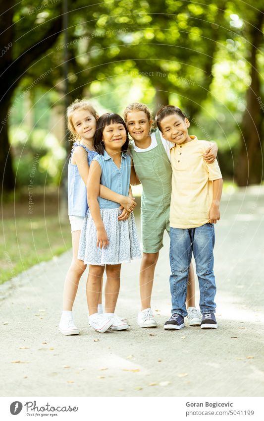 Group of asian and caucasian kids having fun in the park active activity boy bright casual cheerful child childhood children cute descent diverse diversity