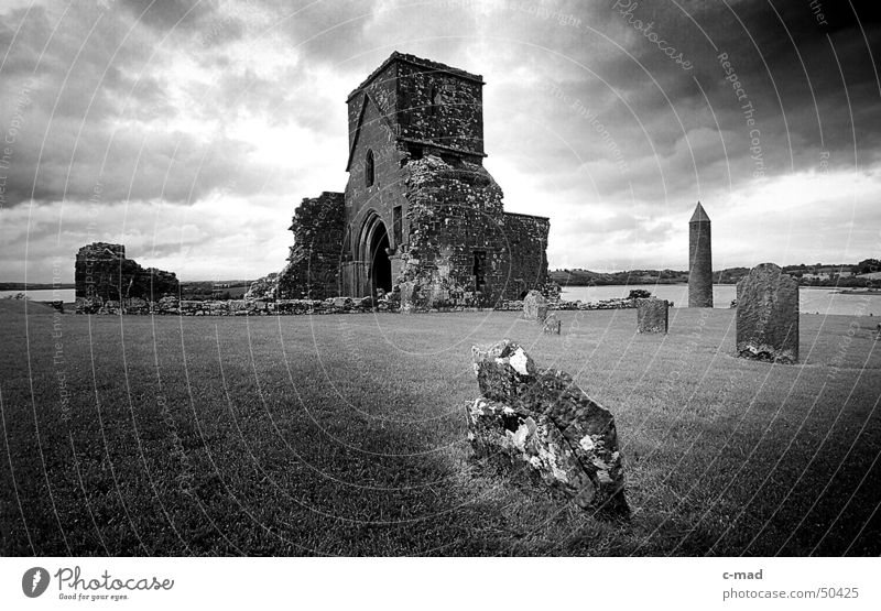 Monastery ruin on Derwenish Island B/W Northern Ireland Manmade structures Ruin Wall (barrier) Clouds Summer Grave Cemetery Black White Religion and faith