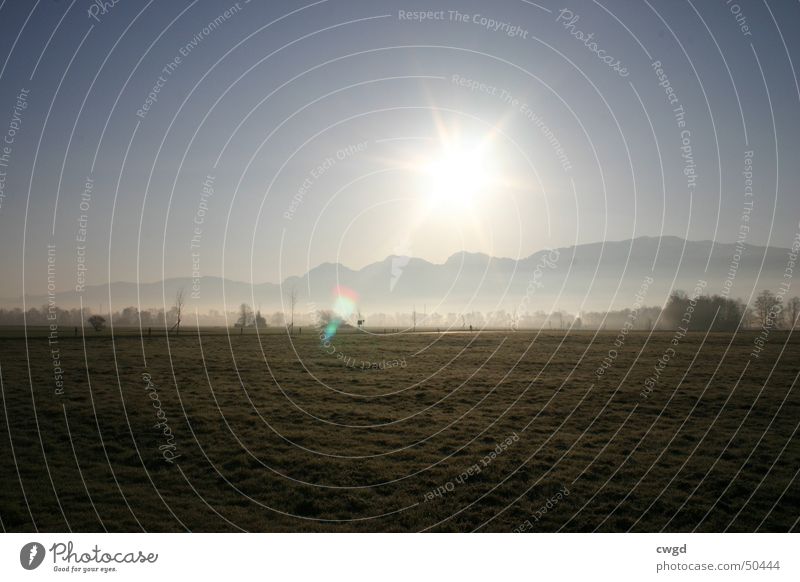 sun comes up, v2.0 Morning Field Sunrise Switzerland Austria Rhein valley Plain Rural Cold Exterior shot Mountain Blue sky Alps Frost frosty Pasture gets warmer