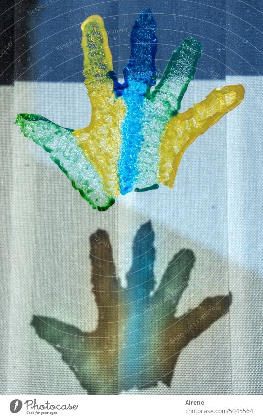 Finger paints Hand Happiness Joy Fingerprint Colour Fingers Imprint handprint Tracks Palm of the hand reflection Shadow shadow cast Glass Window Drape Curtain