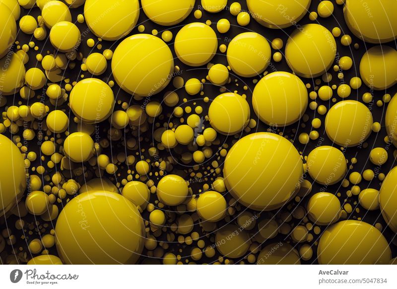 Bright abstract background of jumble of bubbles isolated on black background. Colorful spheres in trendy style. Geometric and dynamic wallpaper with balls or particles. Banner template