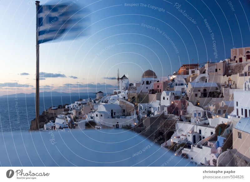 Oia on Santorini, dusk, Greek flag waving Greece Summer vacation Flag Vacation & Travel Tourism Tourist Attraction City trip Ocean Sky Village Small Town